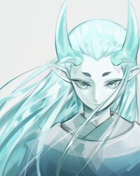  1boy aqua_eyes aqua_hair aqua_horns highres horns looking_at_viewer luo_xiaohei_zhanji male_focus pointy_ears portrait shadow simple_background solatky solo white_background xuhuai_(the_legend_of_luoxiaohei) 