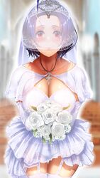  ahoge blue_hair blurry blurry_background bouquet breasts bridal_gauntlets circlet cleavage collarbone commission cross cross_necklace dress female flower garter_straps hairband highres idolmaster idolmaster_(classic) jewelry lace_hairband large_breasts miura_azusa necklace nohito panties red_eyes see-through short_hair skeb_commission smile solo thighhighs underwear veil wedding_dress white_panties white_thighhighs 