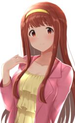  absurdres blunt_bangs breasts brown_eyes brown_hair cleavage closed_mouth collarbone female hairband highres homco idolmaster idolmaster_million_live! idolmaster_million_live!_theater_days jacket long_hair medium_breasts open_clothes open_jacket pink_jacket shiny_skin shirt simple_background smile solo straight_hair tanaka_kotoha upper_body very_long_hair white_background yellow_hairband yellow_shirt 