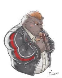  2020 anthro barguest_(tas) bear belly blush clothing embear_2019 hi_res humanoid_hands kemono lifewonders male mammal overweight overweight_anthro overweight_male shirt simple_background solo tokyo_afterschool_summoners topwear white_background 