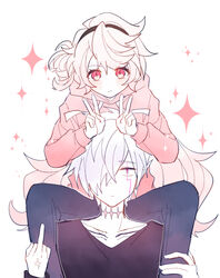  1boy add_(elsword) anger_vein black_hairband black_shirt blue_pants blush carrying commentary cross_scar double_v elsword eternity_winner_(elsword) expressionless facial_mark female hair_bun hair_over_one_eye hairband hood hood_down hoodie laby_(elsword) long_sleeves looking_at_viewer middle_finger mulook pants pink_eyes pink_hoodie purple_eyes scar scar_on_neck shirt shoulder_carry sidelocks single_hair_bun single_side_bun sparkle v white_hair 