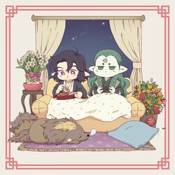  2boys black_hair blanket bright_pupils candy controller couch curtains daffodil diting_(the_legend_of_luoxiaohei) eating flower flower_pot food fruit fruit_tree game_controller green_eyes green_hair highres horns indoors jitome lanxi_zhen lotus_root luo_xiaohei_zhanji mandarin_orange mokyau030 multiple_boys night on_couch orange_(fruit) pillow plant playing_games pointy_ears polka_dot potted_plant purple_eyes purple_ribbon ribbon rug shooting_star single_horn sitting tree white_flower white_pupils window xuan_li_(the_legend_of_luoxiaohei) 