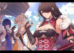  3girls bare_shoulders beidou_(genshin_impact) black_gloves black_hair blue_hair blue_sky breasts cleavage commentary_request diagonal_bangs elbow_gloves eyepatch fingerless_gloves genshin_impact gloves green_eyes hair_ornament hair_stick highres large_breasts long_hair looking_at_viewer multiple_girls ningguang_(genshin_impact) one_eye_covered outdoors parted_lips pnatsu red_eyes sky smile teeth vision_(genshin_impact) white_hair yelan_(genshin_impact) 