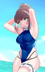  beach blue_sky breasts brown_hair commentary_request female hair_bun hair_tie hair_tie_in_mouth highres kashii_kaoru large_breasts looking_at_viewer mahjong_soul mouth_hold ninomiya_hana ocean one-piece_swimsuit partial_commentary sky solo swimsuit tight_clothes tying_hair yellow_eyes 