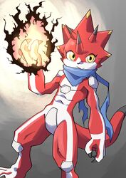  abs absurd_res anthro baitotackey bandai_namco betelgammamon claws digimon digimon_(species) digimon_ghost_game elemental_manipulation fire fire_manipulation hi_res horn male muscular muscular_anthro muscular_male pecs red_body scalie scarf solo yellow_eyes 