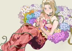  blonde_hair blood dress female final_fantasy final_fantasy_5 flower lemure_(final_fantasy) long_hair looking_at_viewer monster monster_girl plant red_dress rose sarmat simple_background smile solo teeth thorns vines 