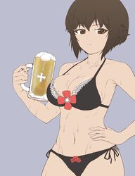  alcohol armpits beer beer_mug bikini black_bikini black_hair breasts brown_eyes cleavage closed_mouth collarbone commentary_request cowboy_shot cup female flat_color flower frilled_bikini frills froth frown girls_und_panzer grey_background groin half-closed_eyes halterneck hand_on_own_hip hand_up highres holding holding_cup insignia looking_at_viewer medium_breasts mug navel nishizumi_maho parted_bangs partial_commentary red_flower red_rose rose short_hair side-tie_bikini_bottom sideboob sidelocks simple_background solo standing string_bikini sweat swimsuit wide_hips yoyokkun 