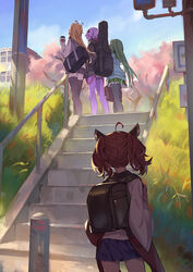  4girls antenna_hair backpack bag blonde_hair blue_skirt brown_hair cherry_blossoms commentary cup disposable_coffee_cup disposable_cup from_behind from_below green_skirt grey_hair guitar_case hair_ornament headgear highres holding holding_cup hood hooded_jacket instrument_case instrument_on_back jacket japanese_clothes kimono kizuna_akari long_hair looking_at_another miniskirt multiple_girls outdoors pantyhose pleated_skirt purple_hair purple_legwear road_sign school_uniform short_hair short_twintails sign skirt stairs thighhighs touhoku_kiritan traffic_light tree tsurumaki_maki twintails very_long_hair voiceroid walking white_kimono wide_sleeves yamamomo_(plank) yuzuki_yukari 