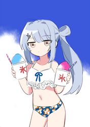  bad_id bad_pixiv_id bikini blue_background blue_hair closed_mouth female food hair_bun kashii_kaoru long_hair looking_at_viewer mahjong_soul multicolored_background shaved_ice side_ponytail solo swimsuit white_background yagi_yui 