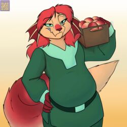  1:1 ambiguous_gender anthro clothed clothing darnathi food foxenawolf fruit fur gradient_background hair isla_aukate kyanite_(half-lite) looking_at_viewer orange_hair peach_(fruit) plant simple_background solo tail tan_body tan_fur 