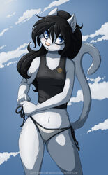  2019 5_fingers anthro bethany_(jay_naylor) bikini bikini_bottom black_hair breasts clothed clothing cocked_hip colored_edge_bikini conditional_dnp day detailed_background digital_media_(artwork) domestic_cat eyebrows eyelashes felid feline felis female fingers fur hair hi_res jay_naylor mammal nipple_outline outside side-tie_bikini side-tie_clothing side-tie_swimwear sky small_breasts smile solo standing string_bikini swimwear tankini white_body white_fur 