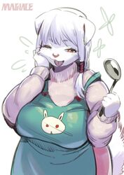  absurd_res anthro apron big_breasts breasts canid canine canis clothing curvy_figure domestic_dog female floppy_ears fur hair half-length_portrait hand_on_face happy hi_res holding_object kemono kitchen_utensils ladle looking_at_viewer magiace mammal mei_lian_(magiace) one_eye_closed open_mouth portrait red_eyes slightly_chubby smile solo standing sweater tools topwear voluptuous white_body white_fur white_hair wink 