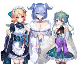  3girls apron bad_id bad_twitter_id black_kimono blonde_hair blue_bow blue_eyes blue_hair blush bow braid breasts brown_eyes checkered_sash cleavage cleavage_cutout clothing_cutout collarbone double_bun elira_pendora elira_pendora_(2nd_costume) finana_ryugu finana_ryugu_(2nd_costume) fins fish_girl green_hair green_nails green_ribbons green_sash green_skirt grey_kimono hair_bun hair_over_one_eye head_fins head_wings highres japanese_clothes jewelry key kimono lazulight maid maid_apron maid_headdress multiple_girls necklace nijisanji nijisanji_en obi off_shoulder official_alternate_costume one_eye_covered open_mouth pointy_ears pomu_rainpuff pomu_rainpuff_(2nd_costume) purple_bow purple_eyes purple_skirt ribbon sash short_hair single_thighhigh skirt small_breasts smile suzuno_(en_10ten) thigh_strap thighhighs tiara twin_braids twintails virtual_youtuber wa_maid white_background white_legwear wings yellow_kimono zettai_ryouiki 