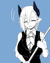  absurdres black_horns black_sclera blue_background closed_eyes colored_sclera demon_horns female highres horns irasrgsmk limited_palette looking_at_viewer musuko_ga_kawaikute_shikatanai_mazoku_no_hahaoya overshirt pointy_ears short_hair sleeves_rolled_up smile surprised teresa_(mazohaha) white_eyes white_hair 