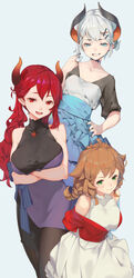  3girls atk7 bad_id bad_pixiv_id bare_shoulders black_legwear blue_eyes breasts brown_hair chinese_commentary choker cleavage commentary dola_(nijisanji) dress gradient_horns green_eyes grey_hair grin hair_ornament hairclip highres horns large_breasts levi_elipha long_hair looking_at_viewer medium_breasts multicolored_horns multiple_girls nijisanji pantyhose photoshop_(medium) red_eyes red_hair small_breasts smile very_long_hair virtual_youtuber warabeda_meiji 