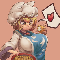  animal_hat blonde_hair blush breasts brown_eyes chanta_(ayatakaoisii) dress eating female food food_on_face hat heart holding holding_food inarizushi large_breasts long_sleeves mob_cap short_hair solo speech_bubble spoken_heart sushi tabard touhou tray white_dress white_hat yakumo_ran 