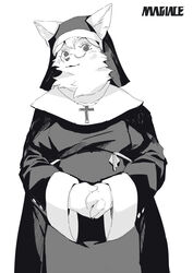  absurd_res anthro beads black_and_white canid canine canis christian_symbol christianity clothed clothing cross dithering eyewear female fluffy fully_clothed fur furgonomics glasses habit hair hands_together hi_res kemono looking_at_viewer magiace mammal mature_anthro mature_female monochrome neck_tuft nun pince-nez prayer_beads religion rosary screentone solo standing tuft white_body white_fur white_hair wolf 