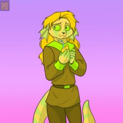  1:1 ambiguous_gender anthro bendy_straw blonde_hair clothed clothing darnathi drinking_straw food foxenawolf fruit green_eyes hair isla_aukate lemon membrane_(anatomy) plant solo webbed_hands yellow_body 