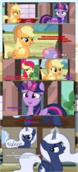  absurd_res accessory alicorn apple_bloom_(mlp) applejack_(mlp) bangs black_border border bow_ribbon building clothing cowboy_hat cutie_mark dialogue ears_up earth_pony eavesdropping equid equine estories eyebrows female feral folded_wings friendship_is_magic glowing glowing_horn glowing_orb group hair_accessory hair_ribbon hairbow hasbro hat headgear headwear hi_res holly_(estories) hooves horn horse inside mammal my_little_pony mythological_creature mythological_equine mythology orb outside plant pony ponyville raised_eyebrow raised_hoof ribbons sarcasm sarcastic smile train_station tree twilight_sparkle_(mlp) wings 