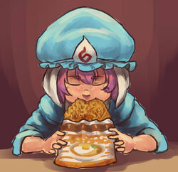  blue_hat chanta_(ayatakaoisii) closed_eyes eating female food frilled_hat frills hat instant_noodle_block instant_ramen nissin_chicken_ramen pack_noodles pink_hair saigyouji_yuyuko shadow short_hair solo touhou 