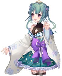  bad_id bad_twitter_id blush bow breasts cleavage_cutout clothing_cutout double_bun female finana_ryugu finana_ryugu_(2nd_costume) fins fish_girl green_hair green_skirt hair_bun head_fins highres japanese_clothes kimono nijisanji nijisanji_en obi off_shoulder official_alternate_costume open_mouth purple_bow purple_eyes sash skirt small_breasts smile solo suzuno_(en_10ten) thighhighs twintails virtual_youtuber white_background white_thighhighs yellow_kimono 