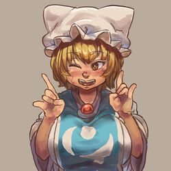  \n/ animal_hat blonde_hair blush breasts bright_pupils brown_background brown_eyes chanta_(ayatakaoisii) double_\n/ dress female hands_up hat large_breasts mob_cap one_eye_closed open_mouth short_hair simple_background smile solo tabard touhou white_dress white_hat white_pupils yakumo_ran 