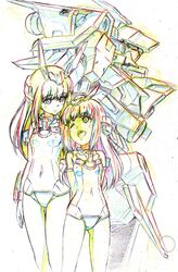  2girls ;d bare_shoulders baselard baselard_(frame_arms) breasts color_trace colored_pencil_(medium) commentary_request covered_navel dual_persona elbow_gloves frame_arms frame_arms_girl gloves headgear height_difference highres kumichou_(ef65-1118-ef81-95) long_hair looking_at_another mecha multiple_girls one_eye_closed open_mouth pantyhose robot small_breasts smile traditional_media white_background 