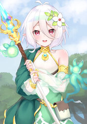  absurdres ahoge armlet bare_shoulders belt belt_pouch blue_sky blush bracelet bridal_gauntlets cloak cloud day dress elf female flower forest green_cloak hair_between_eyes hair_flower hair_ornament halter_dress halterneck hashiko_nowoto highres holding holding_staff jewelry kokkoro_(princess_connect!) looking_at_viewer nature open_mouth outdoors pendant pointy_ears pouch princess_connect! red_eyes short_hair sky sleeveless sleeveless_dress solo staff standing two-tone_dress white_hair 