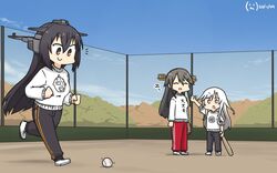  3girls alternate_costume baseball baseball_bat black_hair black_pants blue_sky closed_eyes clothes_writing cloud commentary_request dated day fence full_body hamu_koutarou haruna_(kancolle) headgear highres kantai_collection kikuzuki_(kancolle) long_hair multiple_girls nagato_(kancolle) one-hour_drawing_challenge open_mouth orange_eyes outdoors pants red_eyes red_pants running sky sweater track_pants ultra_series ultraseven ultraseven_(series) white_hair white_sweater 