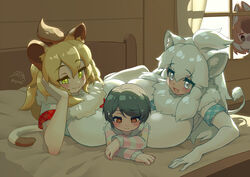  4girls @_@ alternate_breast_size animal_ears arm_support asymmetrical_docking bare_arms bed between_breasts black_eyes black_hair blonde_hair blue_eyes blush breast_press breasts brown_hair captain_(kemono_friends) cat_girl closed_mouth commentary curtains day dhole_(kemono_friends) dog_ears elbow_gloves elbow_rest empty_eyes fur_collar gloves green_eyes hair_between_eyes hand_on_own_cheek hand_on_own_face head_rest height_difference highres huge_breasts indoors jealous jewelry kemono_friends kemono_friends_3 lion_(kemono_friends) lion_ears lion_girl lion_tail long_hair long_sleeves looking_at_another looking_down lying medium_hair miji_doujing_daile multicolored_hair multiple_girls nails_visible_through_gloves necklace oerba_yun_fang on_bed on_side on_stomach open_mouth red_eyes shirt short_hair short_sleeves side_ponytail slit_pupils smile smug sweater tail trembling white_hair white_lion_(kemono_friends) window yuri 