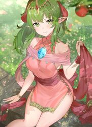  alternate_costume apple bare_shoulders blush breasts closed_mouth commentary cosplay dragonstone dress female fire_emblem fire_emblem:_mystery_of_the_emblem fire_emblem_awakening fire_emblem_heroes food fruit gem grass green_eyes green_hair hair_between_eyes hair_ornament hair_ribbon haru_(nakajou-28) highres jewelry long_hair looking_at_viewer medium_breasts nature official_alternate_costume outdoors pelvic_curtain pink_dress pointy_ears ponytail red_ribbon ribbon sash short_dress sideboob sidelocks sitting sleeveless sleeveless_dress smile solo thighs tiki_(adult)_(fated_divinity)_(fire_emblem) tiki_(adult)_(fire_emblem) tiki_(fire_emblem) tiki_(young)_(fire_emblem) tiki_(young)_(fire_emblem)_(cosplay) tree 