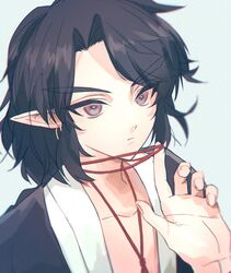  1boy black_hair earrings expressionless hand_up hoop_earrings jewelry lanxi_zhen long_hair looking_at_viewer luo_xiaohei_zhanji male_focus pointy_ears portrait shadow simple_background solatky solo white_background xuan_li_(the_legend_of_luoxiaohei) 