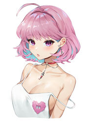  ahoge bare_shoulders blue_hair blush breasts camisole choker cleavage collarbone cropped_torso earrings female glint heart heart_earrings highres idolmaster idolmaster_cinderella_girls jewelry laon large_breasts looking_at_viewer multicolored_hair necklace o-ring o-ring_choker parted_lips pink_hair pink_lips purple_eyes red_choker safety_pin short_hair simple_background solo strap_slip two-tone_hair upper_body white_background yumemi_riamu 