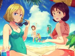  4girls aqua_one-piece_swimsuit arm_up ass ball beach bikini blonde_hair blue_eyes blue_sky blurry blush breasts brown_hair cleavage cloud commentary_request covered_navel cup day depth_of_field drink drinking_glass drinking_straw facing_viewer fraw_bow gundam hair_ribbon haro holding holding_ball holding_removed_eyewear kikka_kitamoto long_hair looking_at_viewer looking_back lotion medium_breasts mirai_yashima mobile_suit_gundam multiple_girls ocean one-piece_swimsuit open_mouth outdoors red_bikini ribbon sayla_mass short_hair sitting sky smile standing striped_clothes striped_one-piece_swimsuit sunglasses sunscreen swimsuit tsukimi_(penguin_kansokutai) unworn_eyewear wading white_bikini 