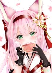  absurdres animal_ears artist_name azur_lane bare_shoulders black_gloves cup female gloves green_eyes hair_between_eyes hair_ornament hairband hanazuki_(azur_lane) highres holding holding_cup japanese_clothes kimono lace-trimmed_gloves lace-trimmed_kimono lace_trim long_hair looking_at_viewer nako_nya pink_hair red_hairband sakuramon simple_background solo tea teacup upper_body 