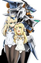  2girls ;d bare_shoulders baselard baselard_(frame_arms) black_legwear blonde_hair breasts commentary_request covered_navel dual_persona elbow_gloves frame_arms frame_arms_girl gloves glowing glowing_eyes green_eyes headgear height_difference highres kumichou_(ef65-1118-ef81-95) leotard long_hair looking_at_another mecha multiple_girls one_eye_closed open_mouth pantyhose robot small_breasts smile white_background white_gloves white_leotard 