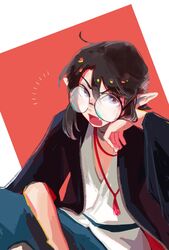  1boy black_hair glasses hair_between_eyes hajimerunara highres lanxi_zhen long_hair looking_at_viewer luo_xiaohei_zhanji male_focus oerba_yun_fang open_mouth pointy_ears round_eyewear shadow solo upper_body xuan_li_(the_legend_of_luoxiaohei) 