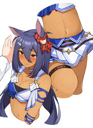  1boy absurdres animal_ears arm_wrap blue_hair blue_ribbon blush breasts choker cleavage closed_mouth collarbone commentary crop_top ear_ornament female hair_between_eyes hair_ornament hairclip highres hishi_amazon_(umamusume) horse_ears horse_girl kabedon long_hair long_sleeves lower_body medium_breasts midriff miniskirt multiple_views navel oerba_yun_fang pirukusu pleated_skirt red_eyes red_scrunchie ribbon scrunchie shirt sidelocks simple_background skin_fang skirt sweat tan thigh_strap trainer_(umamusume) umamusume upper_body white_background white_choker white_shirt white_skirt 