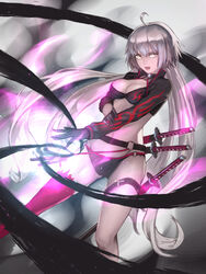  aito bikini black_bikini black_jacket breasts choker cleavage fate/grand_order fate_(series) female gloves grey_hair highres jacket jeanne_d&#039;arc_alter_(fate) jeanne_d&#039;arc_alter_(swimsuit_berserker)_(fate) long_hair looking_at_viewer open_mouth solo swimsuit sword very_long_hair weapon yellow_eyes 