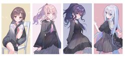  1other 25-ji_nightcord_de._(project_sekai) 3girls absurdres akiyama_mizuki akiyama_mizuki_(cosplay) arms_at_sides arms_behind_back asahina_mafuyu asahina_mafuyu_(cosplay) beige_background between_legs black_dress black_legwear black_neckerchief black_sailor_collar black_shirt blouse blue_eyes bob_cut border bow braid brown_eyes brown_hair chair collared_dress commentary cosplay costume_switch derivative_work dot_nose dress expressionless foot_out_of_frame frilled_dress frilled_sleeves frills gradient green_background grey_background grey_skirt group_costume_switch hair_behind_ear hand_between_legs hand_on_own_wrist hand_up high-waist_skirt high_ponytail highres hood hood_down hoodie knee_up kneehighs lace lace-trimmed_skirt lace_trim licking_lips long_hair long_skirt long_sleeves looking_afar looking_at_viewer looking_back multiple_girls neckerchief on_chair pink_background pink_eyes pink_hair pink_neckerchief pleated_skirt pose_imitation project_sekai puffy_long_sleeves puffy_sleeves purple_hair red_neckerchief sailor_collar school_uniform sha_(nz2) shaded_face shinonome_ena shinonome_ena_(cosplay) shirt short_hair sidelocks simple_background sitting skirt sleeves_past_wrists sleeves_rolled_up smile socks sparkle straight_hair striped_clothes striped_skirt swept_bangs tongue tongue_out tsurime two-tone_neckerchief vertical-striped_clothes vertical-striped_skirt very_long_hair waist_bow white_border white_hair white_sailor_collar wide_sleeves yoisaki_kanade yoisaki_kanade_(cosplay) 