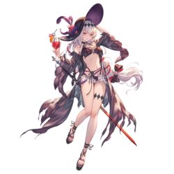  bikini cup dark_jeanne dark_persona drinking_glass drinking_straw feathers female full_body granblue_fantasy hair_ribbon hat highleg highleg_bikini jeanne_d&#039;arc_(granblue_fantasy) long_hair minaba_hideo official_art red_eyes ribbon sandals shorts solo sprite swimsuit sword transparent_background weapon white_hair 