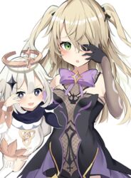  2girls :3 :d :o bare_shoulders black_gloves black_leotard black_ribbon blonde_hair blush brown_sleeves commentary_request detached_sleeves dress eyepatch fischl_(genshin_impact) genshin_impact gloves grey_eyes hair_between_eyes hair_over_one_eye hair_ribbon halo hand_up highres leotard long_hair long_sleeves looking_at_viewer mizuki_ryuu multiple_girls open_mouth paimon_(genshin_impact) parted_lips ribbon romper simple_background single_thighhigh smile strapless strapless_leotard thighhighs two_side_up v-shaped_eyebrows white_background white_dress white_hair white_legwear white_romper 