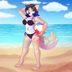  1:1 animate_inanimate anthro ball beach beach_ball bikini canid canine canis clothing cloud female hi_res inflatable living_inflatable mammal pool_toy seaside sky solo strawberryneko swimwear wolf 