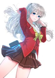  absurdres arm_up belt belt_pouch blue_eyes breasts brown_skirt charlotte_(anime) commentary female grey_hair highres hoshinoumi_academy_school_uniform light_smile long_hair long_sleeves looking_at_viewer medium_breasts pouch red_shirt school_uniform shirt simple_background skirt solo tomori_nao turbo_engine_(rakugaki_tabo) white_background 