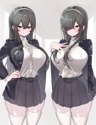  2girls absurdres black_jacket blush braid breasts collared_shirt commentary dress_shirt french_braid grey_eyes grey_hair grey_skirt hair_between_eyes hair_over_one_eye hairband hand_on_own_chest hand_on_own_hip highres huge_breasts jacket long_hair long_sleeves looking_at_viewer mitsudoue multiple_girls open_clothes open_jacket original pleated_skirt school_uniform shirt siblings skirt tented_shirt thighhighs thighs twins white_hairband white_thighhighs 