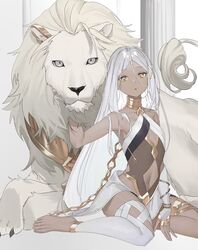  bad_id bad_twitter_id chains clothing_cutout commentary dark-skinned_female dark_skin elbow_gloves feet female flat_chest gloves gold_trim gradient_hair grey_hair hair_between_eyes hair_ornament half_gloves halterneck hands_up highres kaoruko_(unkrk55) lion long_hair looking_at_viewer masterwork_apocalypse midriff multicolored_hair navel navel_cutout parted_bangs parted_lips phoebe_(masterwork_apocalypse) pillar single_elbow_glove single_half_glove sitting solo very_long_hair white_background white_gloves white_legwear x_hair_ornament yellow_eyes yokozuwari 