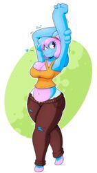  2020 biped blue_body blue_skin bottomwear breasts clothed clothing denim denim_bottomwear denim_clothing digital_media_(artwork) ditto_(pokemon) female generation_1_pokemon glamor_(glimglam) goo_creature hair half_shiny_pokemon heart_symbol hi_res humanoid jeans midriff multicolored_body navel nintendo not_furry pants pink_body pokemon pokemon_(species) pokemorph ponytail shiny_pokemon shirt simple_background slightly_chubby solo standing thegentlebro topwear two_tone_body wide_hips 