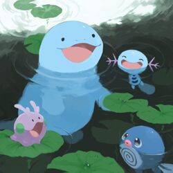  closed_eyes day goomy kawaanago lily_pad no_humans open_mouth outdoors partially_submerged pokemon pokemon_(creature) poliwag quagsire ripples swimming swirl tail water water_drop wooper 