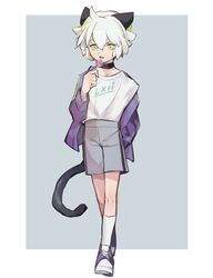  1boy absurdres animal_ears black_choker blue_tongue border candy cat_boy cat_ears cat_tail choker colored_tongue food full_body green_eyes grey_background grey_shorts highres holding holding_candy holding_food jacket lollipop luo_xiaohei luo_xiaohei_(human) luo_xiaohei_zhanji male_focus print_shirt purple_jacket shirt shoes short_hair shorts socks solatky solo tail white_border white_hair white_shirt white_socks 