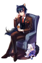  1boy absurdres animal_ears armchair black_hair black_vest buttons carpet chair character_doll closed_mouth dog_boy dog_ears dog_tail formal highres indie_virtual_youtuber isakysaku jacket light_smile lumi_(merryweather) male_focus merry_(merryweather) multicolored_hair necktie pants pocket_watch red_eyes red_hair red_necktie shirt simple_background sitting solo streaked_hair suit tail vest virtual_youtuber watch white_background white_shirt 